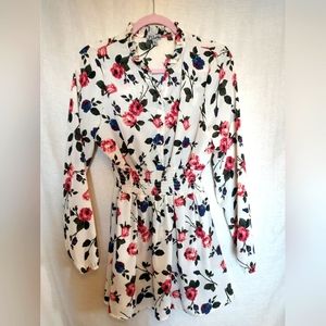 J For Justify White Short Dress Roses Long Sleeve Cinched Waist Size Medium